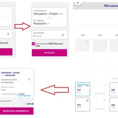 Zrzut ekranu z procesu rezerwacji lotów Wizz Air, pokazujący wybór daty i ceny.